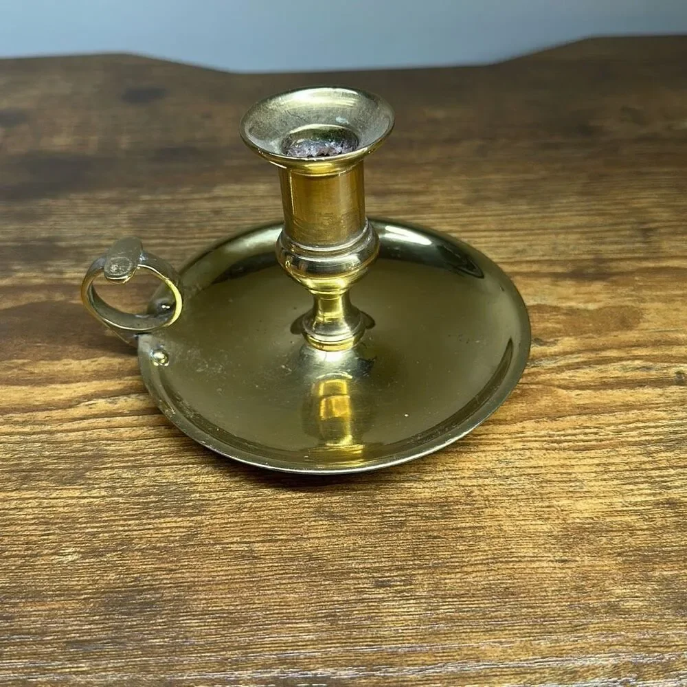 5” Shiny Brass Taper‎ Candlestick Holder and Chamberstick with Finger Loop set 2